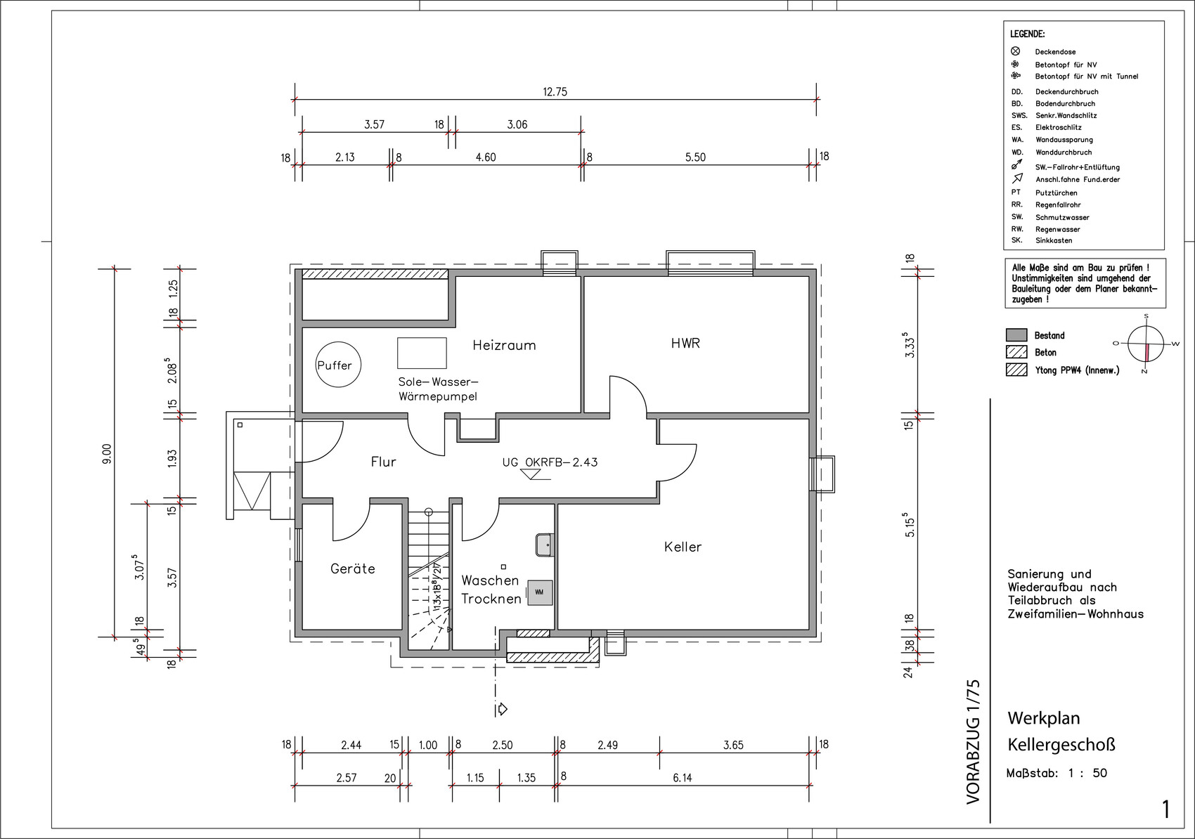 Grundriss Kellergeschoss: Flur verbindet Heizraum, HWR, Keller, Geräte, Wasch/Trockenbereich; Treppe