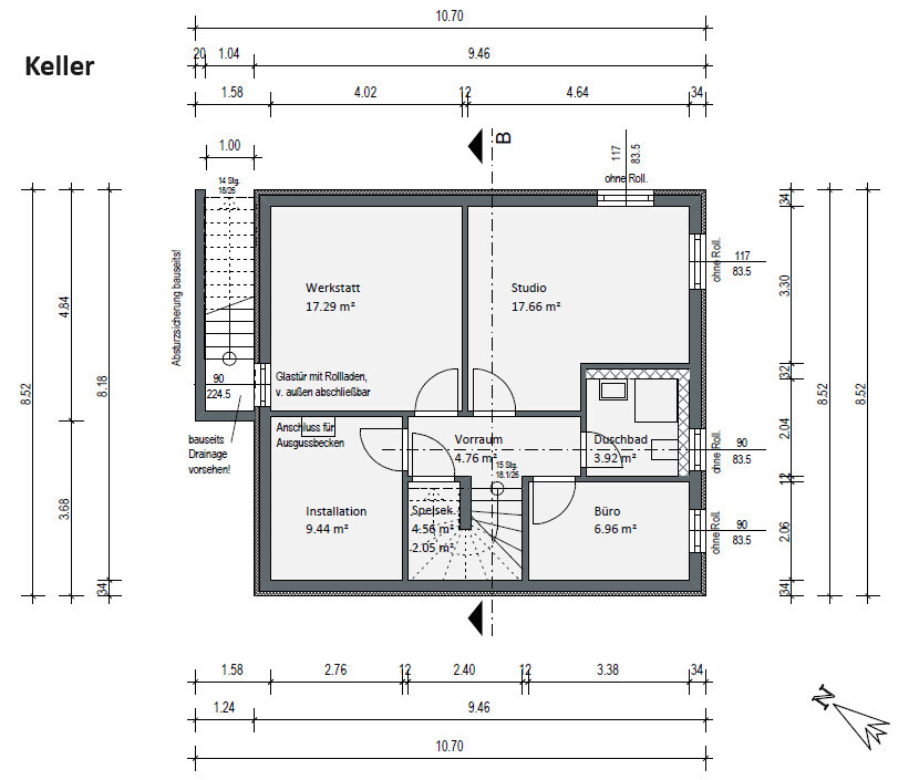 Keller-Grundriss mit Werkstatt, Studio, Vorraum, Duschbad, Büro, Installationsraum.
