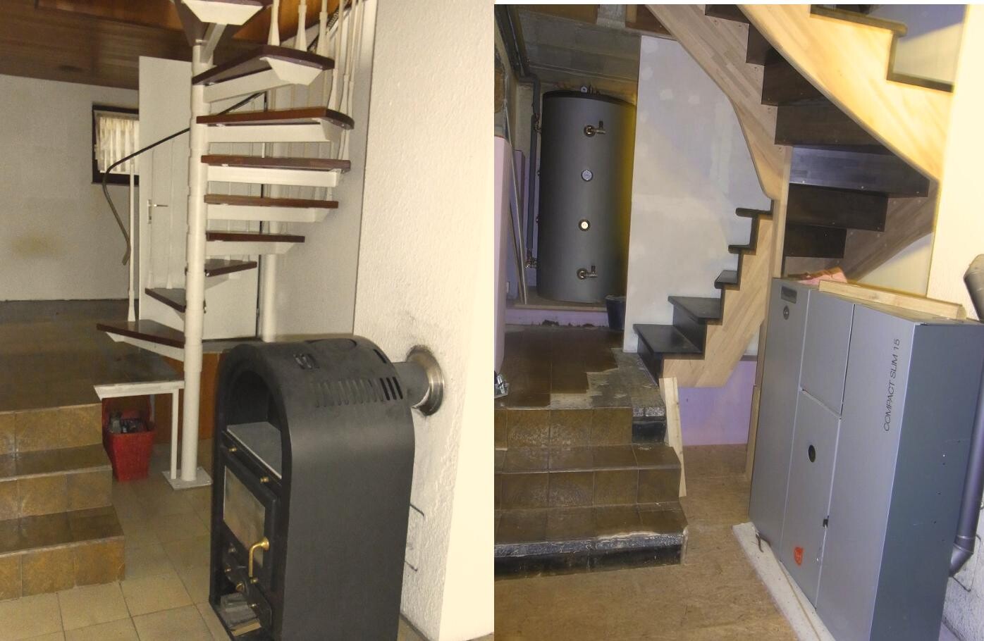 Keller mit Holzofen links, Treppenstufen in Mitte, vertikaler Heizkessel und Heizschrank rechts.