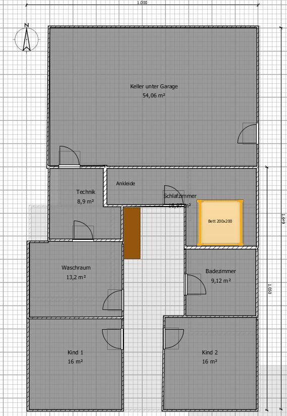 Grundriss eines Hauses mit Keller, Waschküche, Bad, Schlafzimmer (Bett 200x200) und Kinderzimmer.