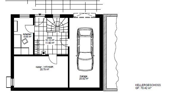 Kellergeschoss-Plan: Garage rechts, Kellerraum links, Arbeitszimmer links, Treppe in Mitte.