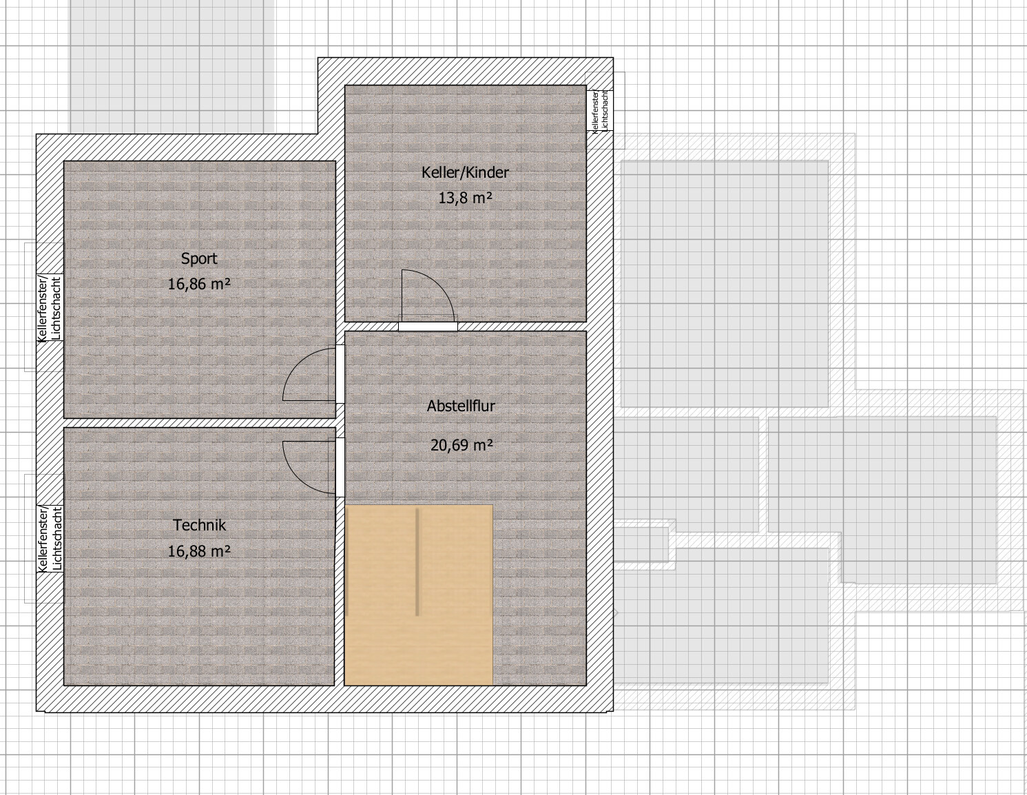 Kellergrundriss: Sport 16,86 m², Technik 16,88 m², Abstellflur 20,69 m², Keller/Kinder 13,8 m².
