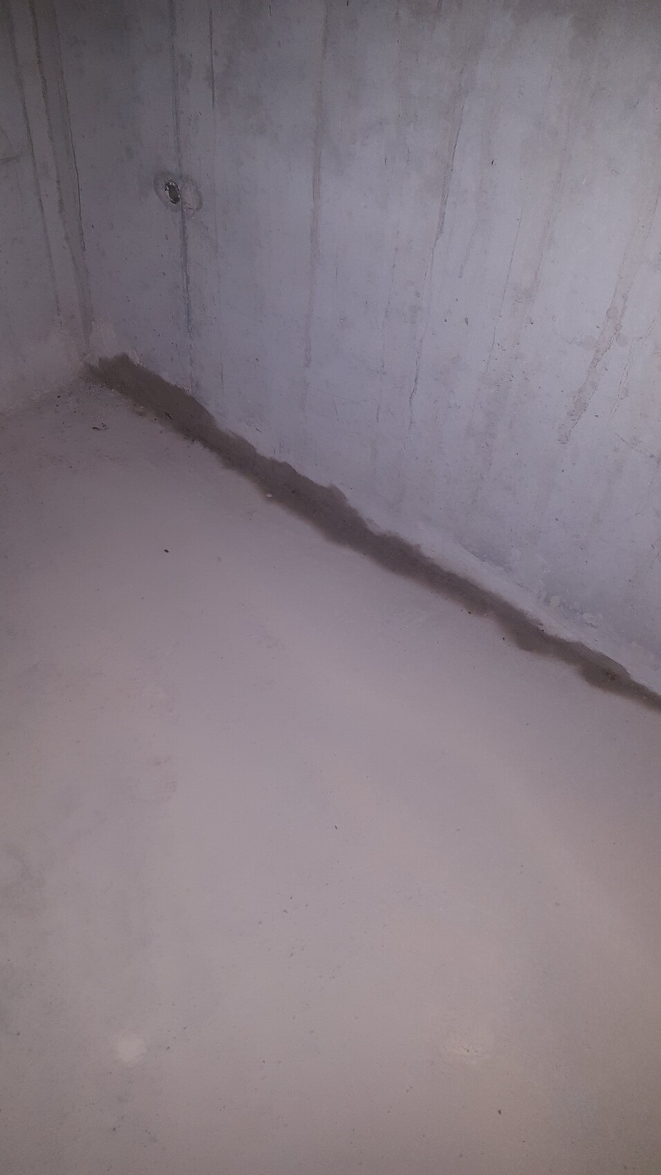 Eckansicht eines feuchten Betonkellers: graue Wand mit Feuchtigkeitsflecken und dunkler Fugenlinie am Boden.