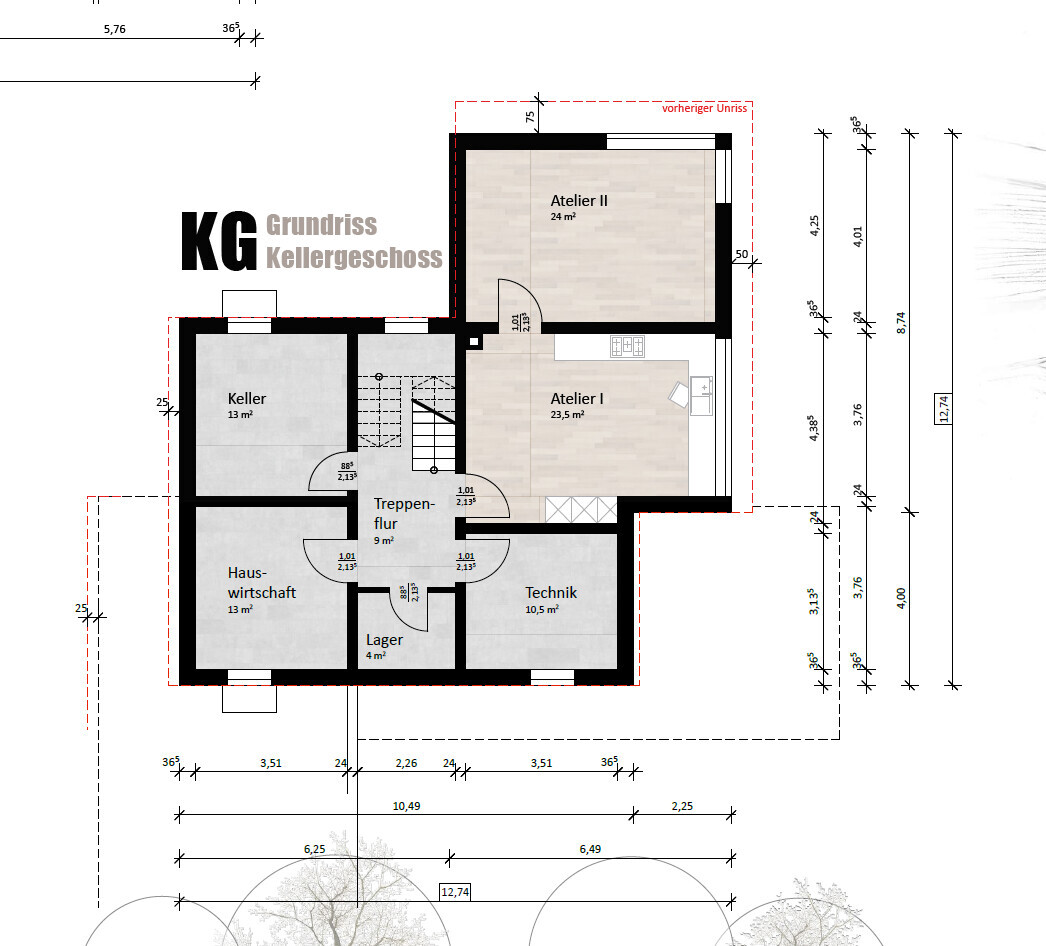 Grundriss Kellergeschoss: Atelier I & II, Technik, Keller, Lager, Hauswirtschaft, Treppenflur.