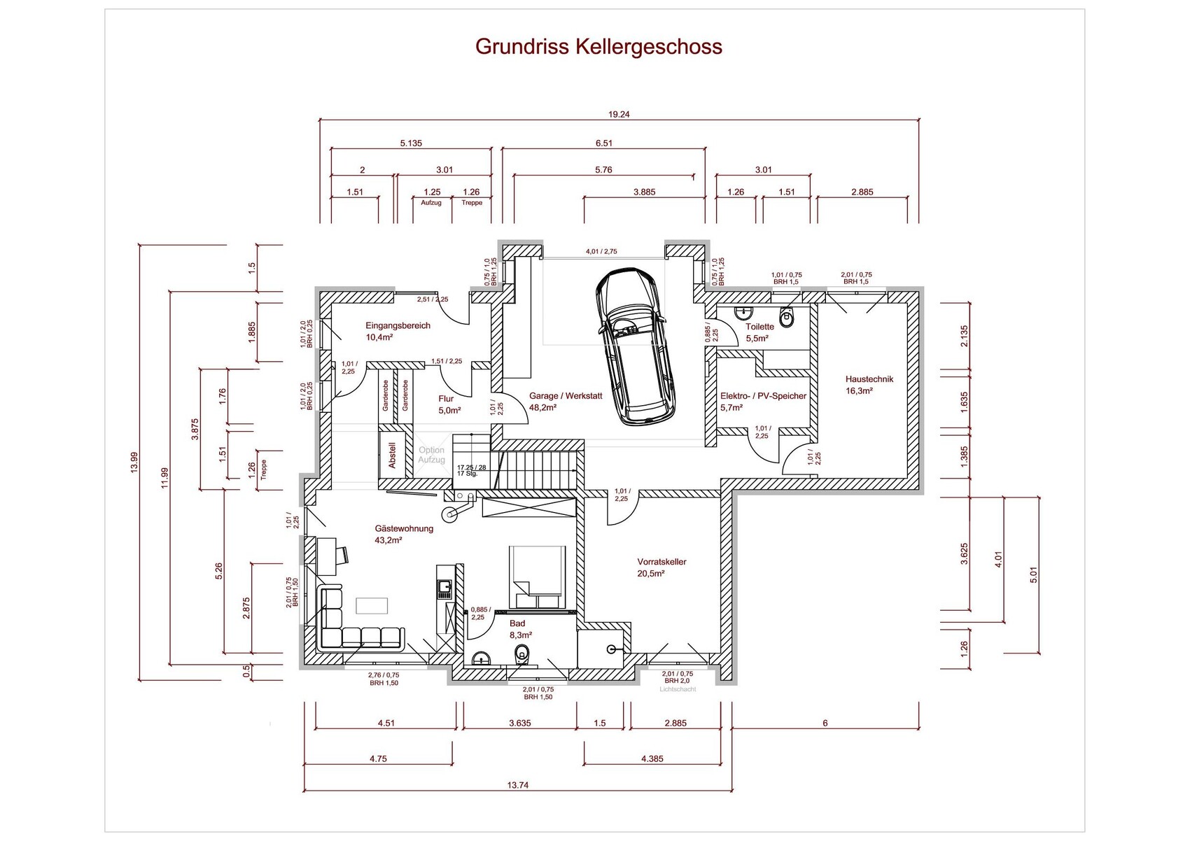 Grundriss Kellergeschoss: Garage/Werkstatt mit Auto, Gästewohnung, Vorratskeller, Bad, Haustechnik.