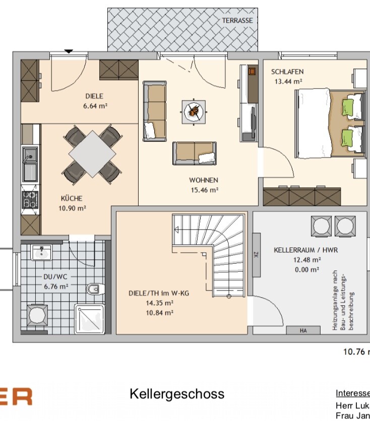 Grundriss Kellergeschoss: Wohnzimmer, Küche, Diele, Schlafen, Bad, Kellerraum/HWR, Terrasse.