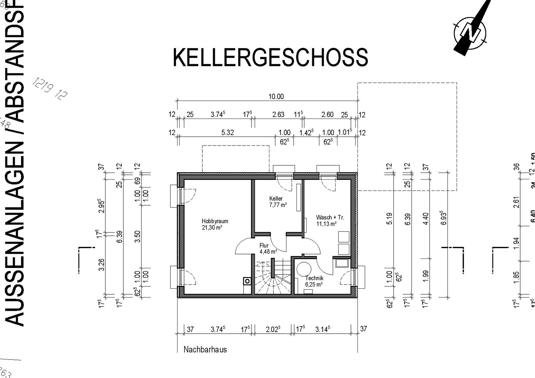 Grundriss Kellergeschoss mit Hobbyraum, Keller, Waschraum, Flur, Technik.