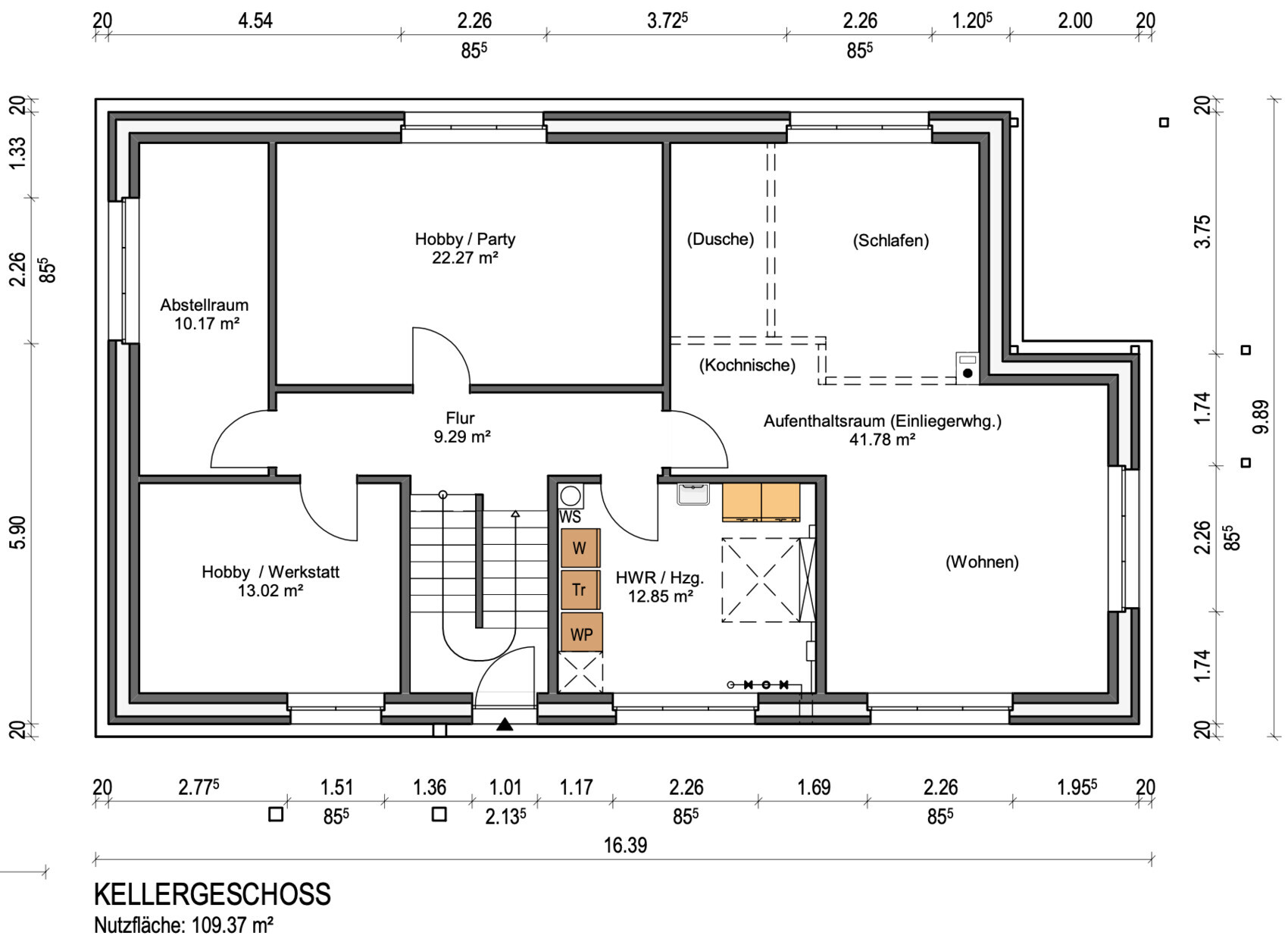 Grundriss Kellergeschoss: Hobby/Werkstatt, Hobby/Party, Aufenthaltsraum, Wohnen, Flur, HWR.