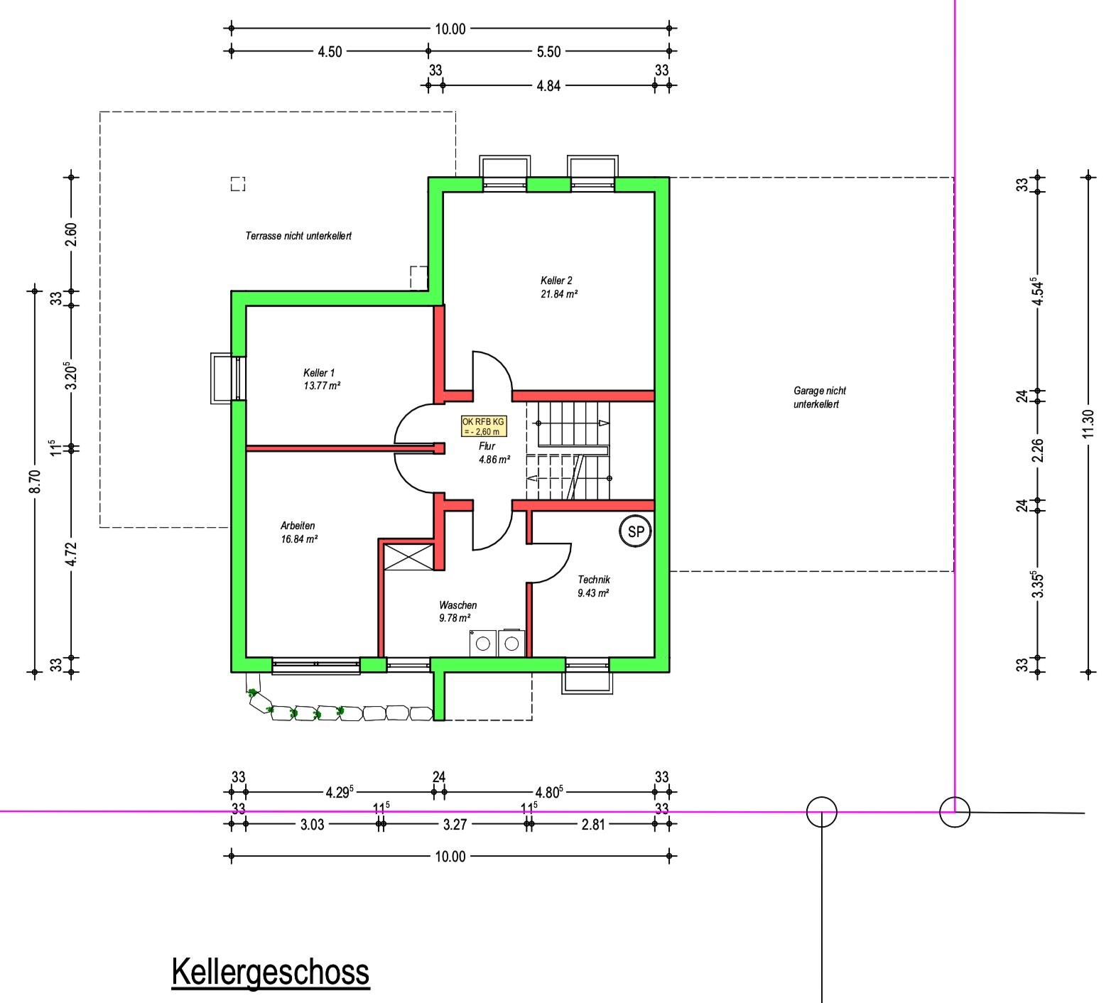 Grundriss Kellergeschoss mit Keller 1, Keller 2, Arbeiten, Waschen, Technik, Flur; Treppe vorhanden.