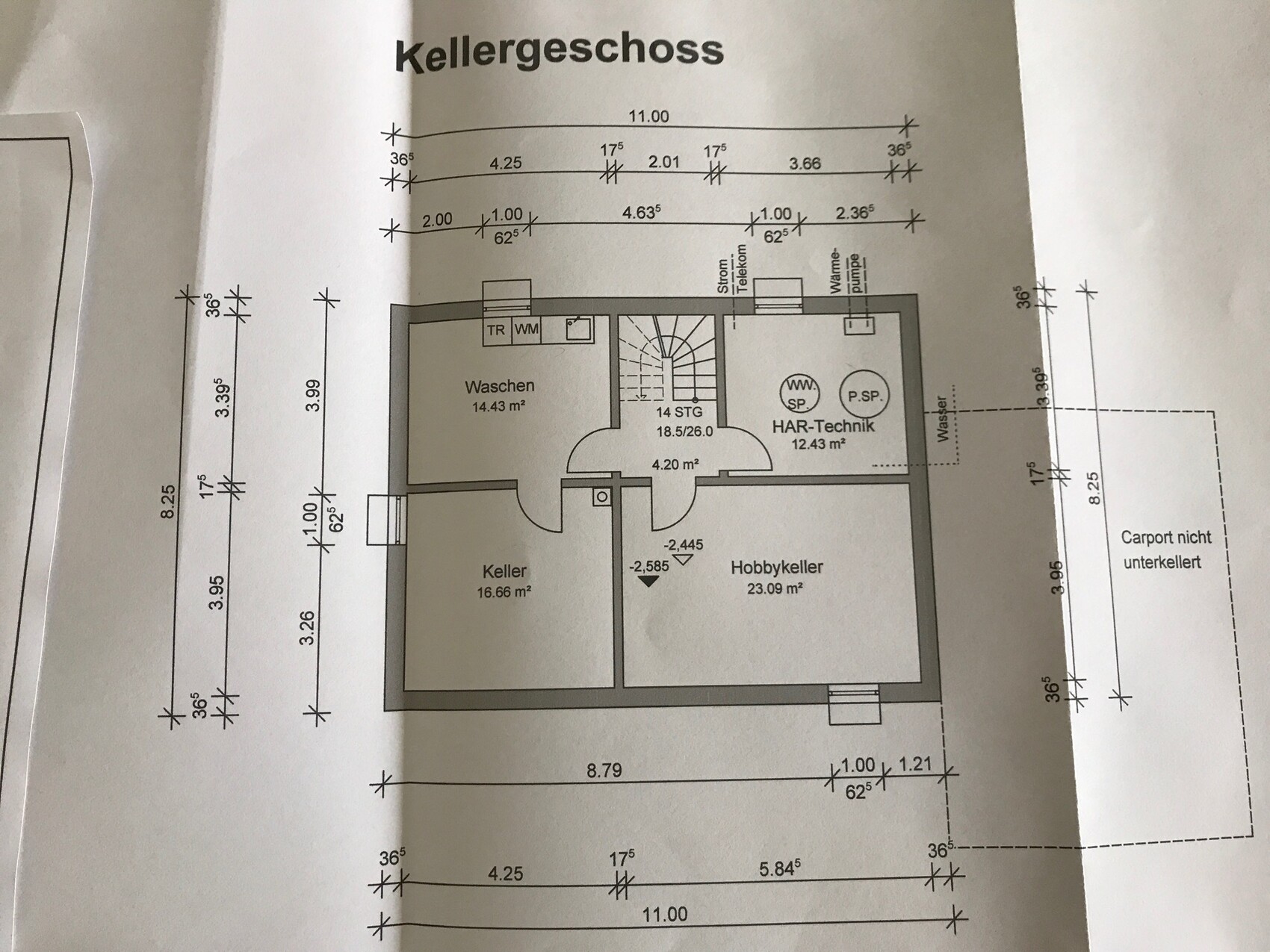 Grundriss Kellergeschoss mit Waschen, Keller, Hobbykeller und HAR-Technik.