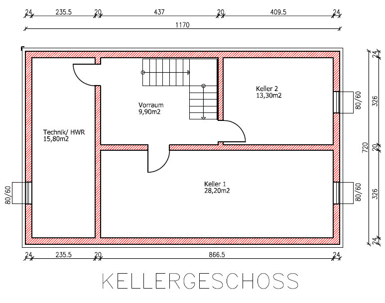 Grundriss Kellergeschoss: Keller 1, Keller 2, Vorraum, Technik/HWR, Treppe.