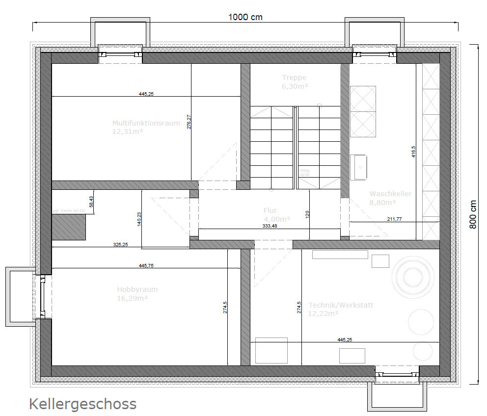 Kellergeschoss-Grundriss mit Flur, Hobbyraum, Waschkeller und Technik/Werkstatt
