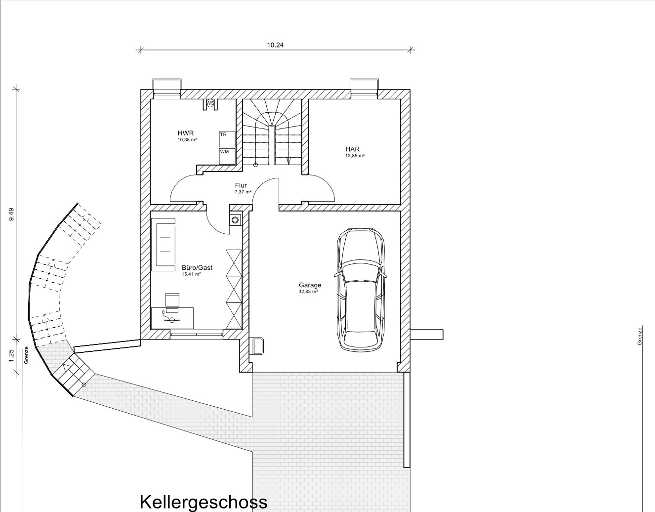 Kellergeschoss Grundriss: Garage, Büro/Gast, HWR, HAR, Flur, Treppenhaus.