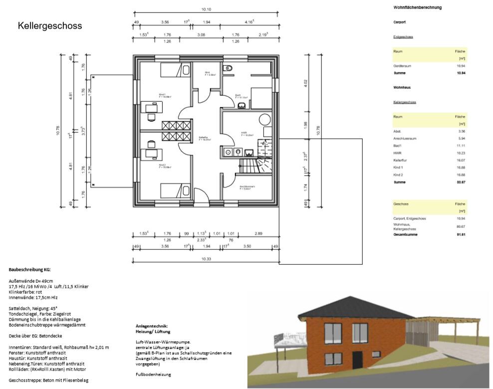 Kellergeschoss-Plan mit Maßen und 3D-Ansicht eines roten Backsteinhauses mit Carport
