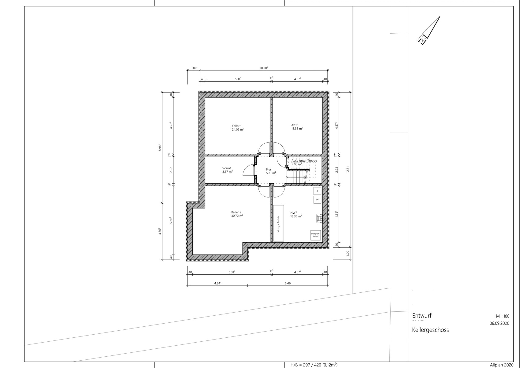 Kellergeschoss Grundriss: Keller 1, Keller 2, Vorrat, Flur, HWR, Treppe