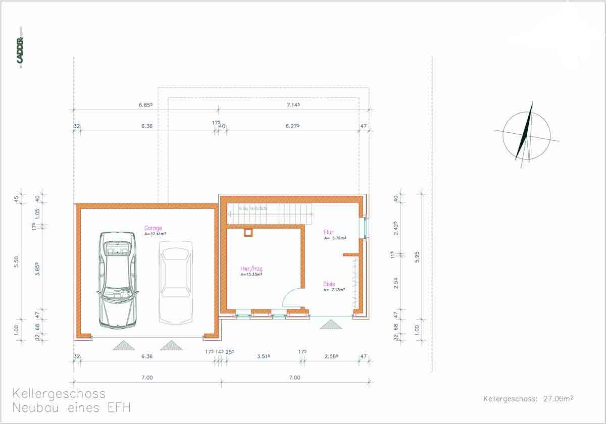 Grundriss Kellergeschoss eines Einfamilienhauses mit Garage, Flur und Diele