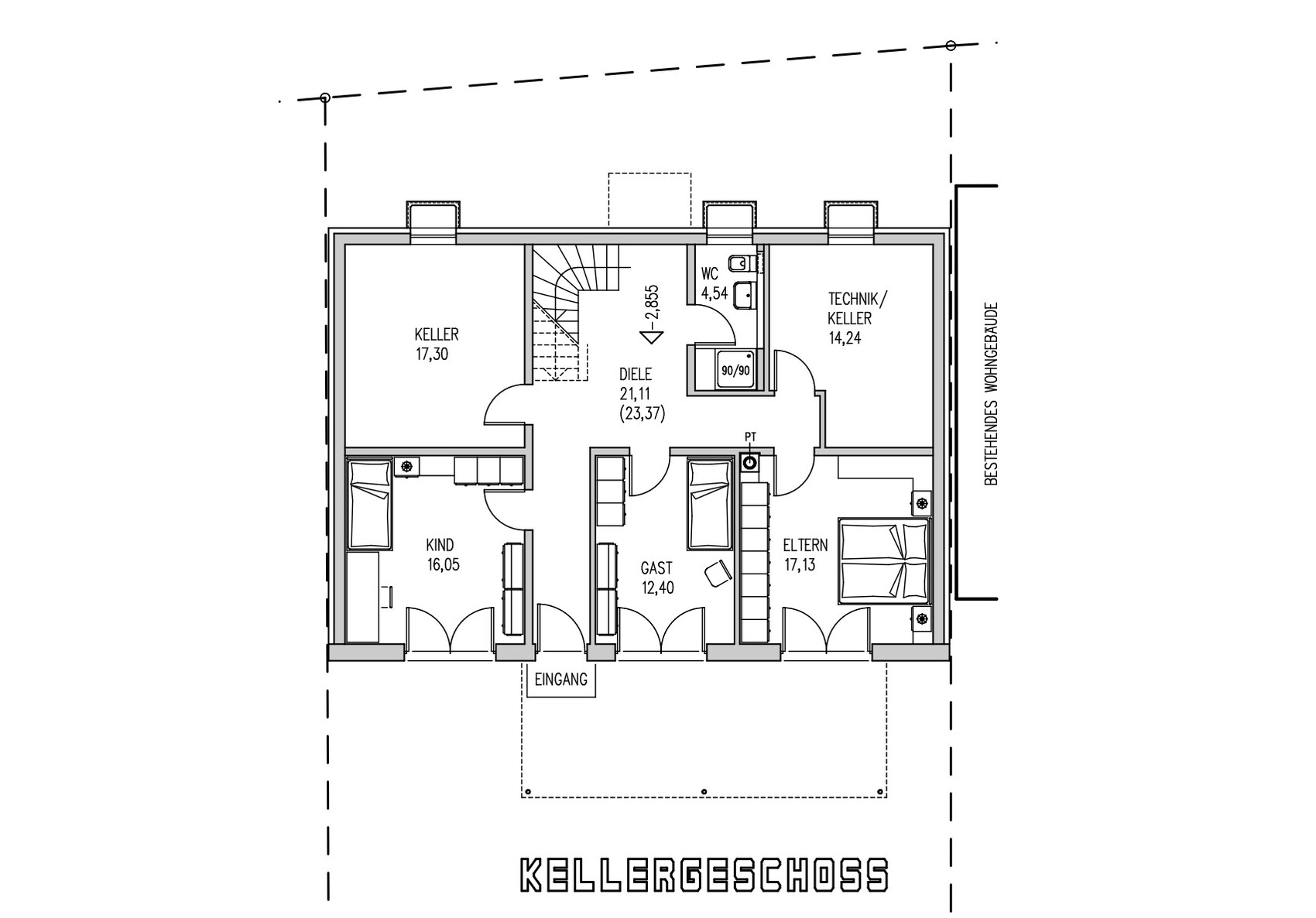 Kellergeschoss Grundriss mit Kellerräumen Diele Treppe und Technikraum