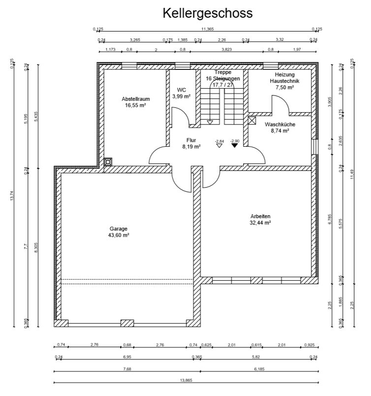 Kellergeschoss Grundriss: Garage, Arbeiten, Abstellraum, Waschküche, Heizung, WC, Flur, Treppe.