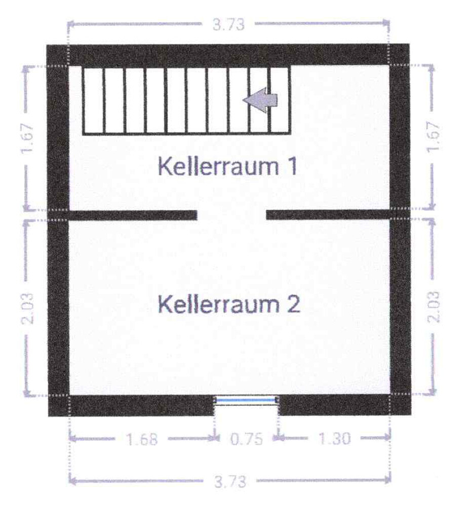 Grundriss eines Kellergeschosses mit zwei Räumen: Kellerraum 1, Kellerraum 2, Treppe links.
