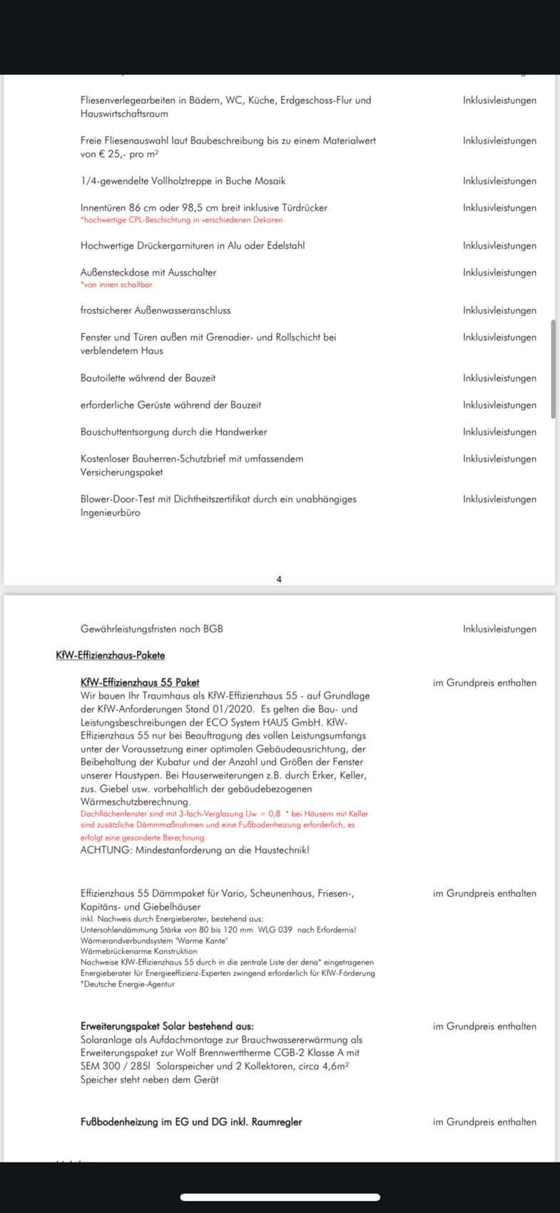 Zweistufiges Angebotsdokument mit Inklusivleistungen und KfW-Effizienzhaus-Paketen.