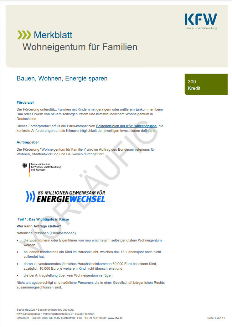KfW-Merkblatt: Wohneigentum für Familien mit Logo und Überschriften.