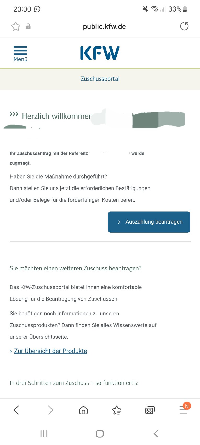 KfW Zuschussportal: Willkommensseite mit Button Auszahlung beantragen.