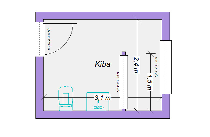 Grundriss eines Zimmers namens Kiba mit lila Wänden, Tür links, blauen Möbeln und Maßangaben.