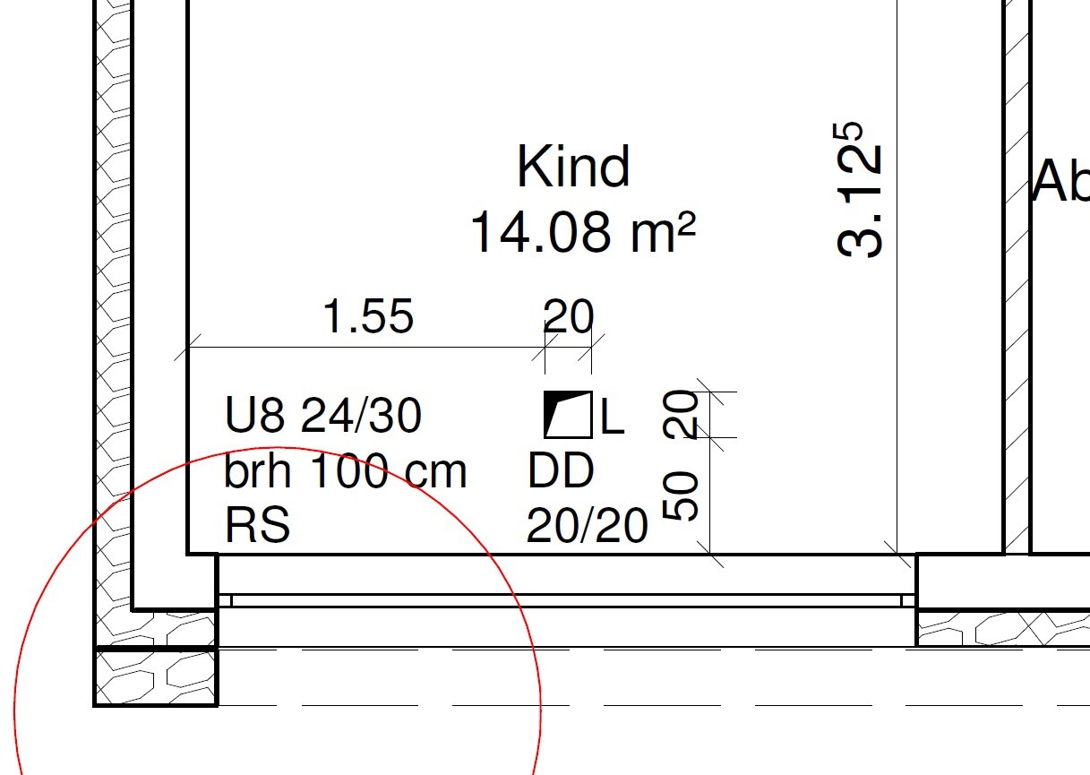 Grundriss eines Kinderzimmers mit Maßen, Tür und Boden-/Wandaufbau.