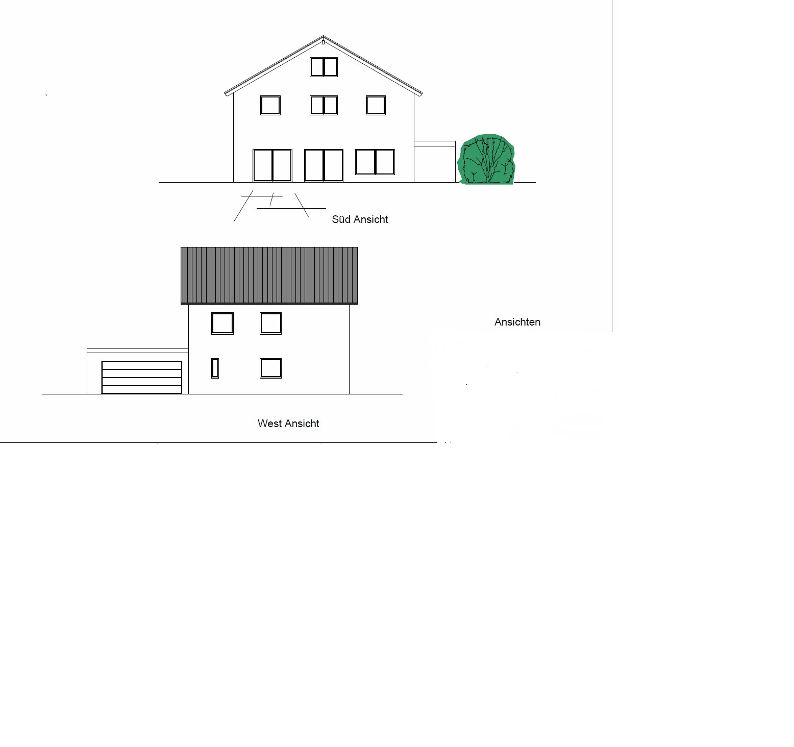 Architekturzeichnung: Süd- und Westansicht eines zweistöckigen Hauses mit Garage und Baum.