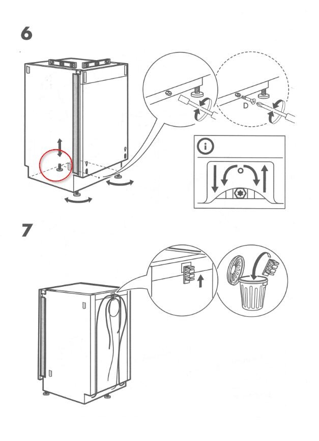 Einbauanleitung Stufe 6-7: Gerät ausrichten, Füße drehen, Schläuche anschließen