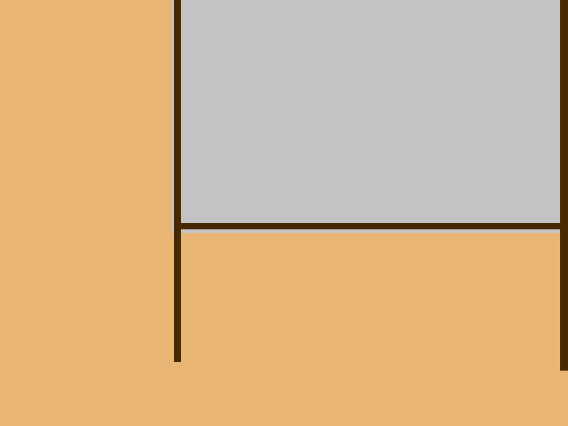 Abstrakte Innenraumszene: graues Rechteck oben rechts auf orange Bodengrund mit dunklen Linien.