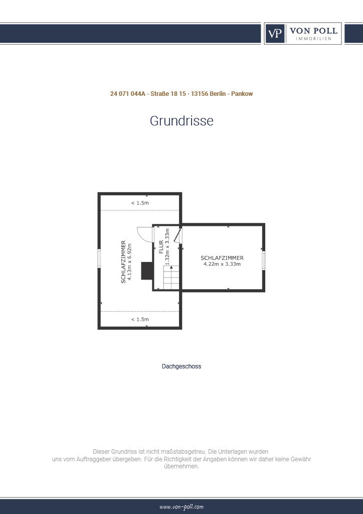 Grundriss Dachgeschoss: links Schlafzimmer, rechts weiteres Schlafzimmer, Flur und Treppe.