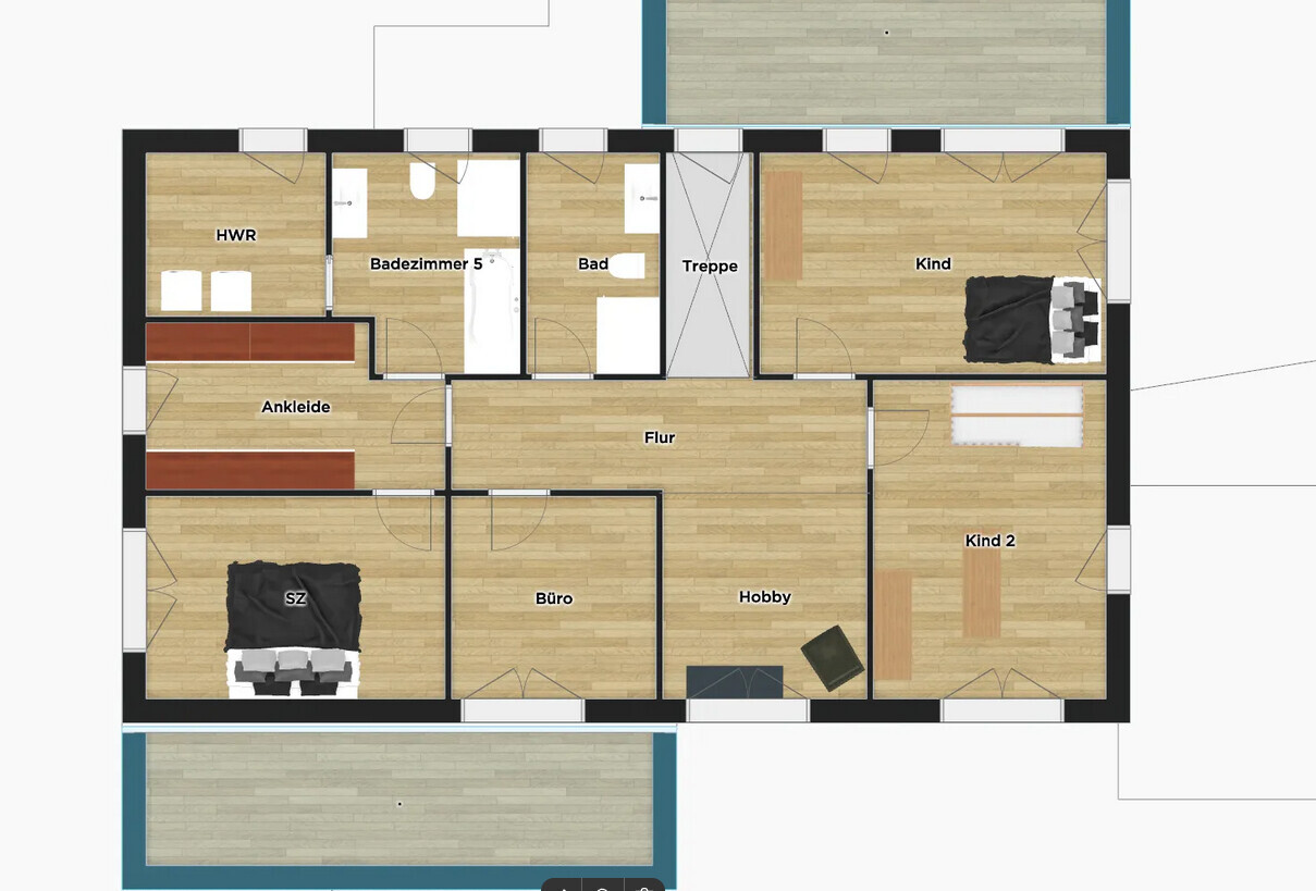 Grundriss eines Hauses: Flur, Schlafzimmer, Ankleide, Büro, Hobbyraum, 2 Kinderzimmer, Bad, Treppe