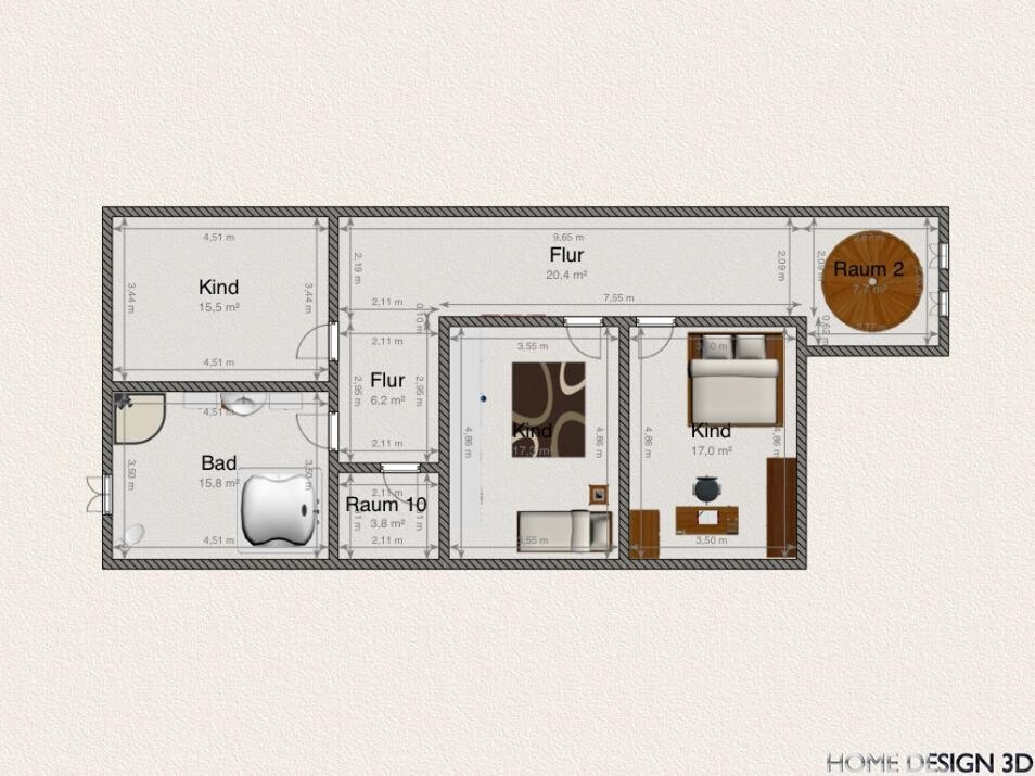 2D Grundriss einer Wohnung mit Bad, Fluren, zwei Kinderzimmern und Raum 2.
