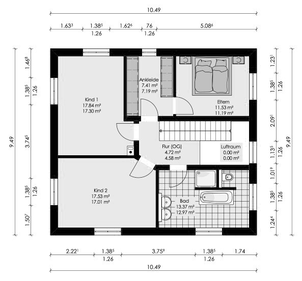 Grundriss des Obergeschosses mit Elternzimmer, zwei Kinderzimmer, Ankleide, Flur und Bad.