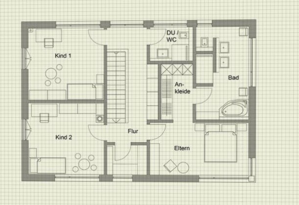 Grundriss eines Hauses: Eltern, zwei Kinderzimmer, Bad, Dusche/WC, Flur, Ankleide.