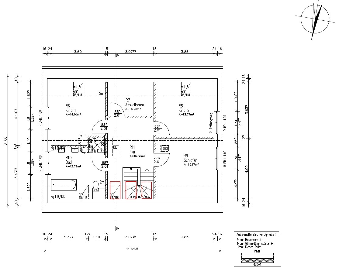 Grundriss eines Hauses mit Kind 1, Kind 2, Abstellraum, Bad, Flur und Treppen.
