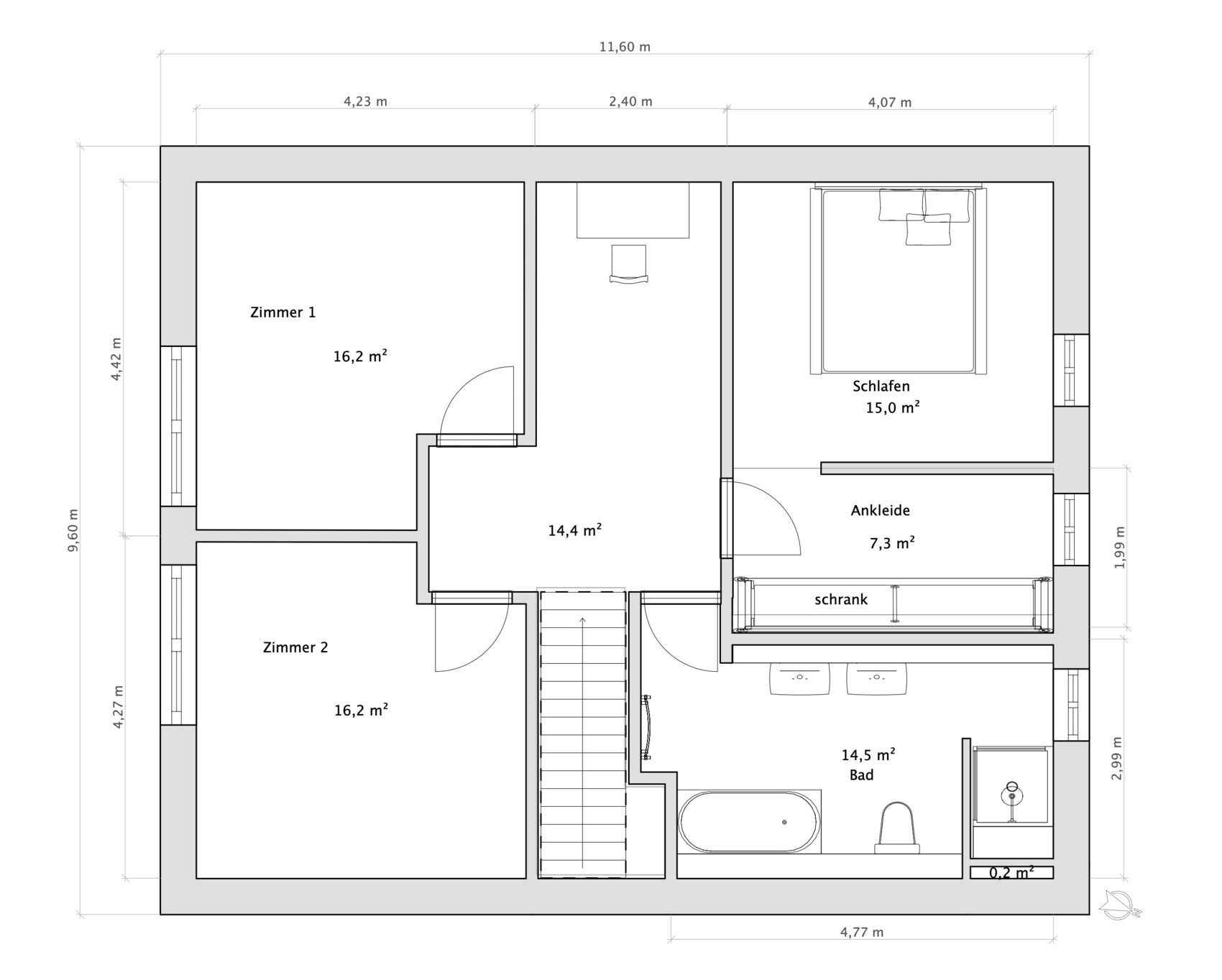 Grundriss eines Obergeschosses mit Zimmer 1, Zimmer 2, Schlafen, Ankleide und Bad.