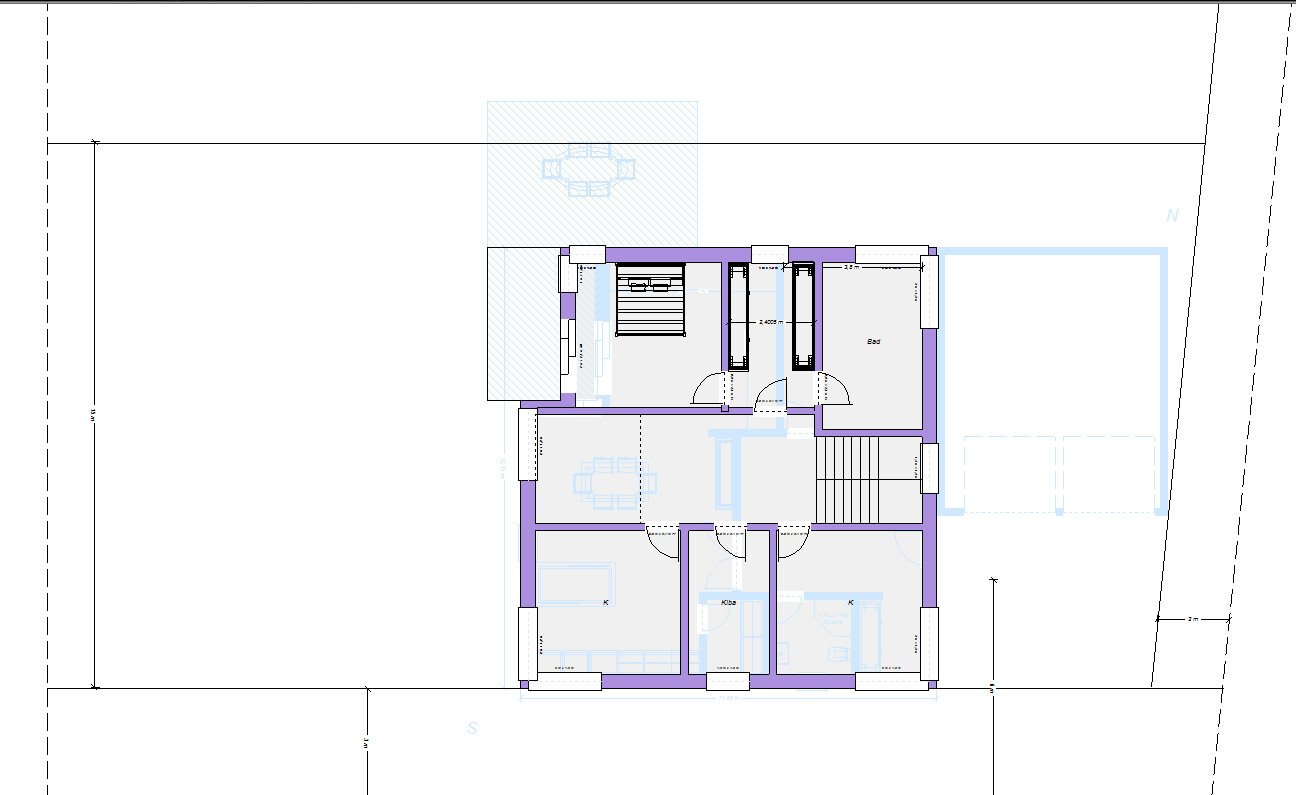 Grundriss eines Hauses: zentrale Treppe, Räume, Möbel, Bad, Küche, Türen.