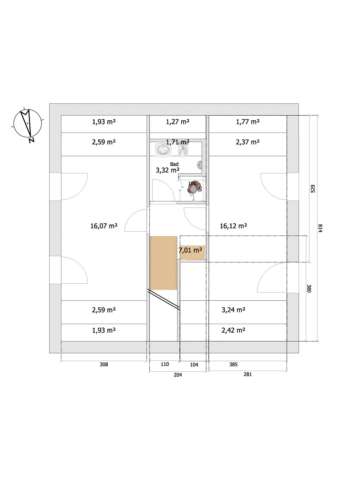 Grundriss einer Wohnung: zwei große Räume, Bad, Treppenbereich, zentrale Nische.