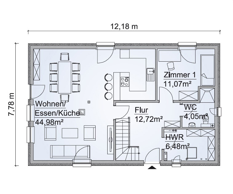 Grundriss eines Hauses: Wohn-/Essbereich, Küche, Flur, HWR, Zimmer 1, WC.