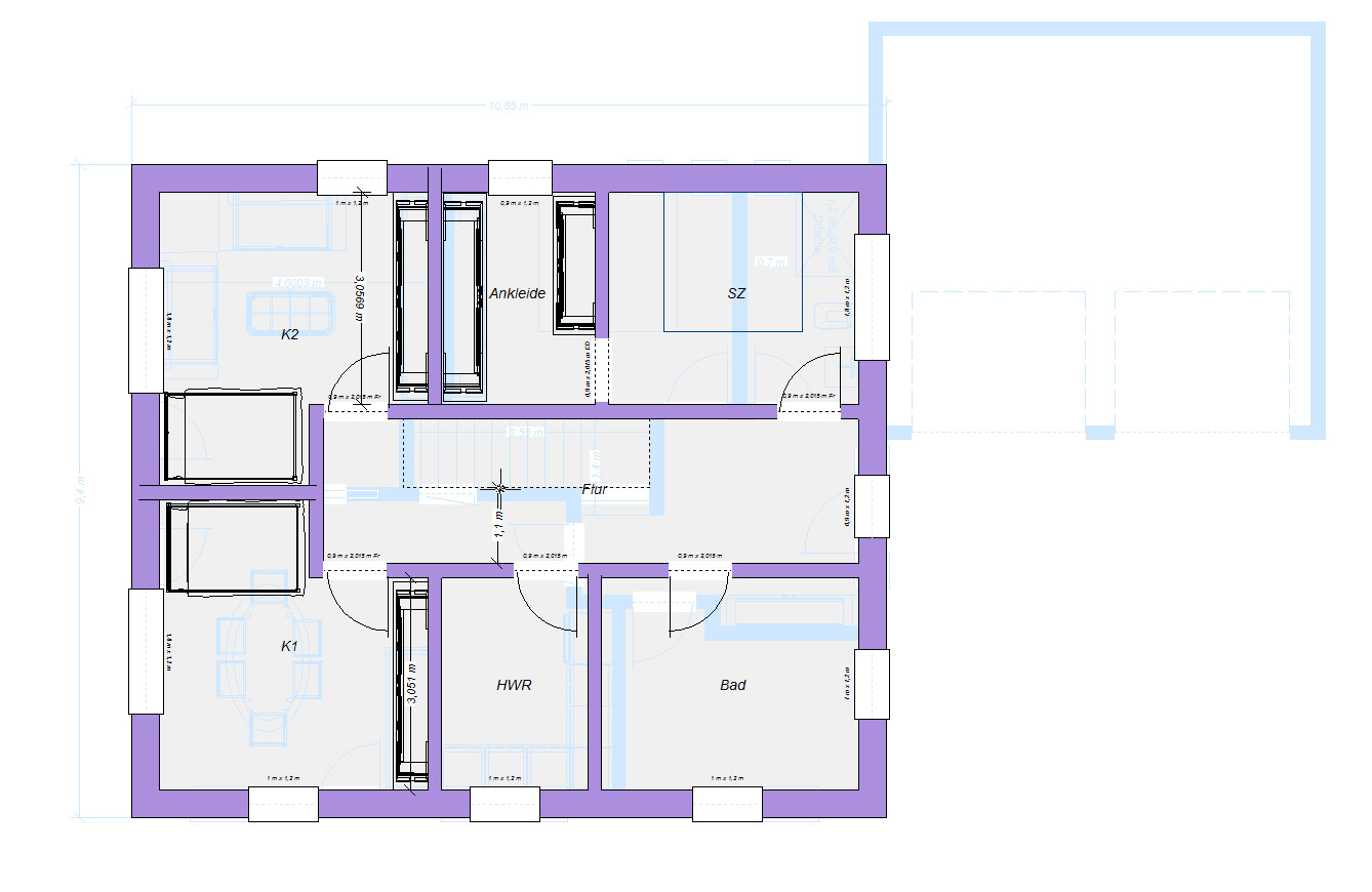 Grundriss eines Hauses mit K1, K2, SZ, Bad, HWR, Ankleide und Flur; lila Außenwände.