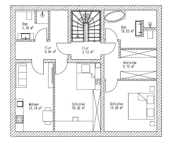 Grundriss einer Wohnung: zwei Schlafzimmer, Wohnzimmer, Küche, Bad, Ankleide, Flur und Treppenhaus.