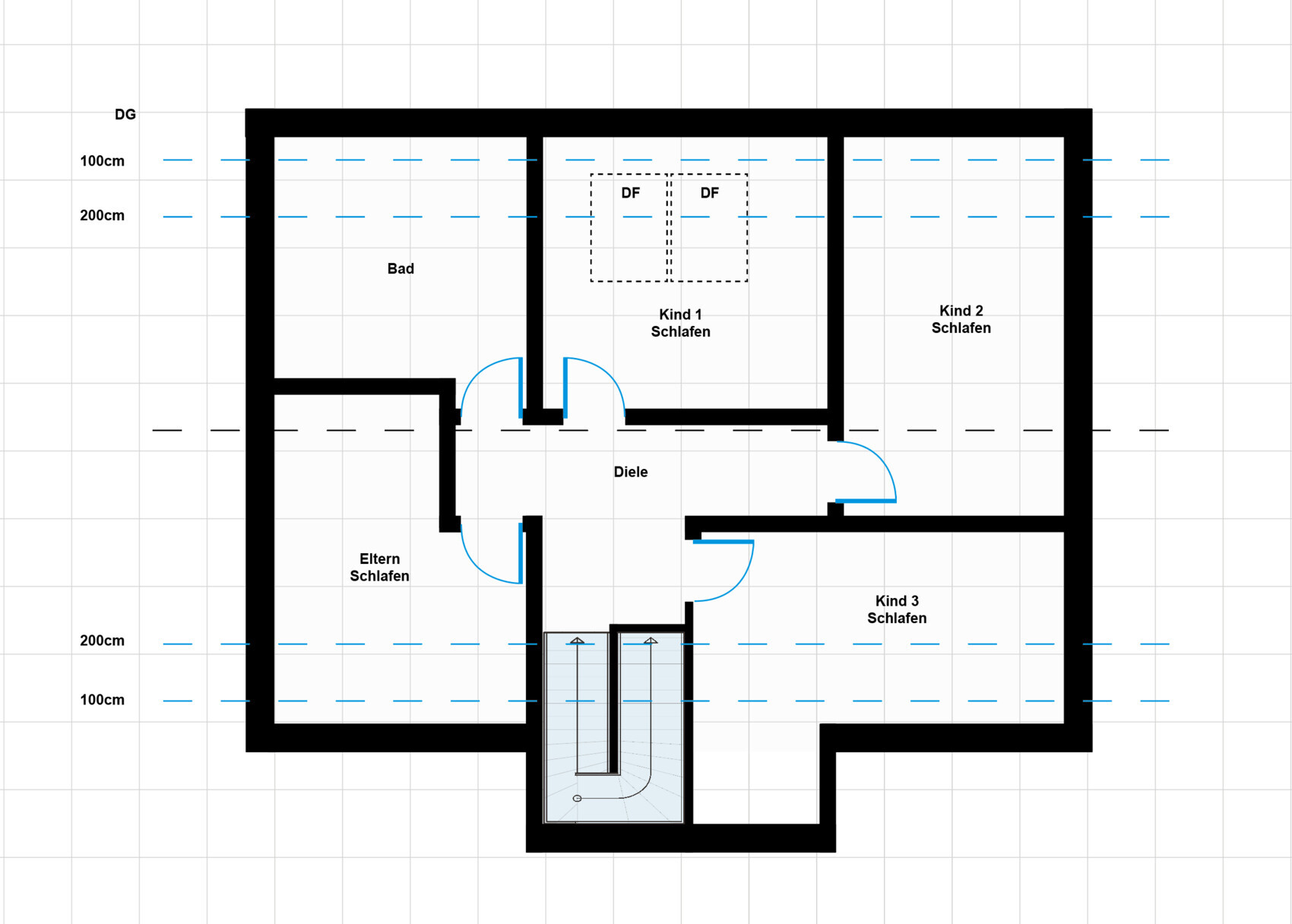Grundriss eines Hauses mit Diele, Bad, Elternschlafzimmer und drei Kinderzimmer, Treppenhaus.