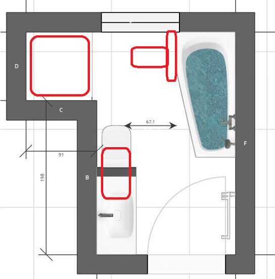 Grundriss eines Badezimmers: Badewanne rechts, Waschbecken links, WC in der Mitte.