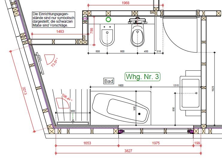 Badezimmer-Grundriss Wohnung 3: Toilette, Bidet, Badewanne, Tür, Maße.