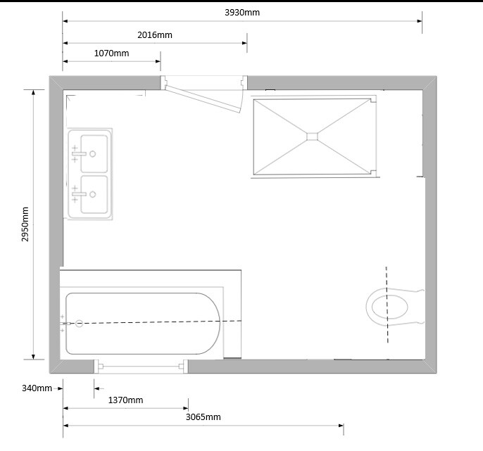 Badezimmer-Grundriss mit Doppelwaschbecken links, Badewanne unten, Toilette rechts.