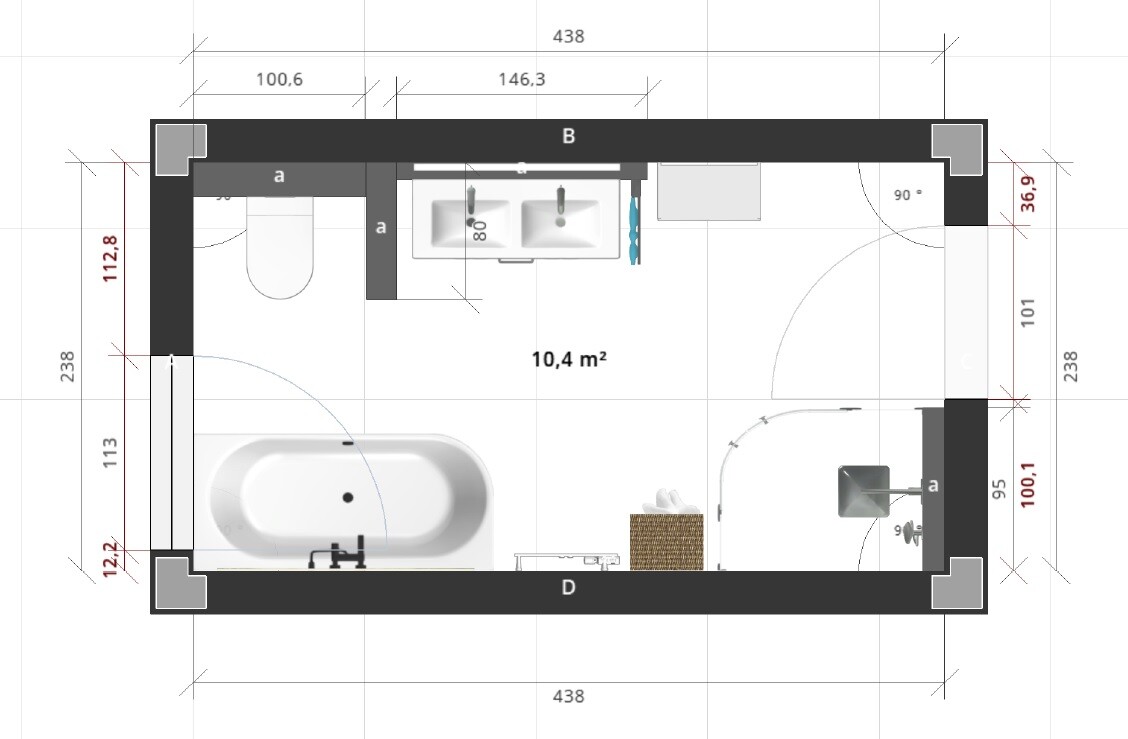 Grundriss eines Badezimmers: Badewanne links, Waschbecken mittig, Dusche rechts, Toilette links.