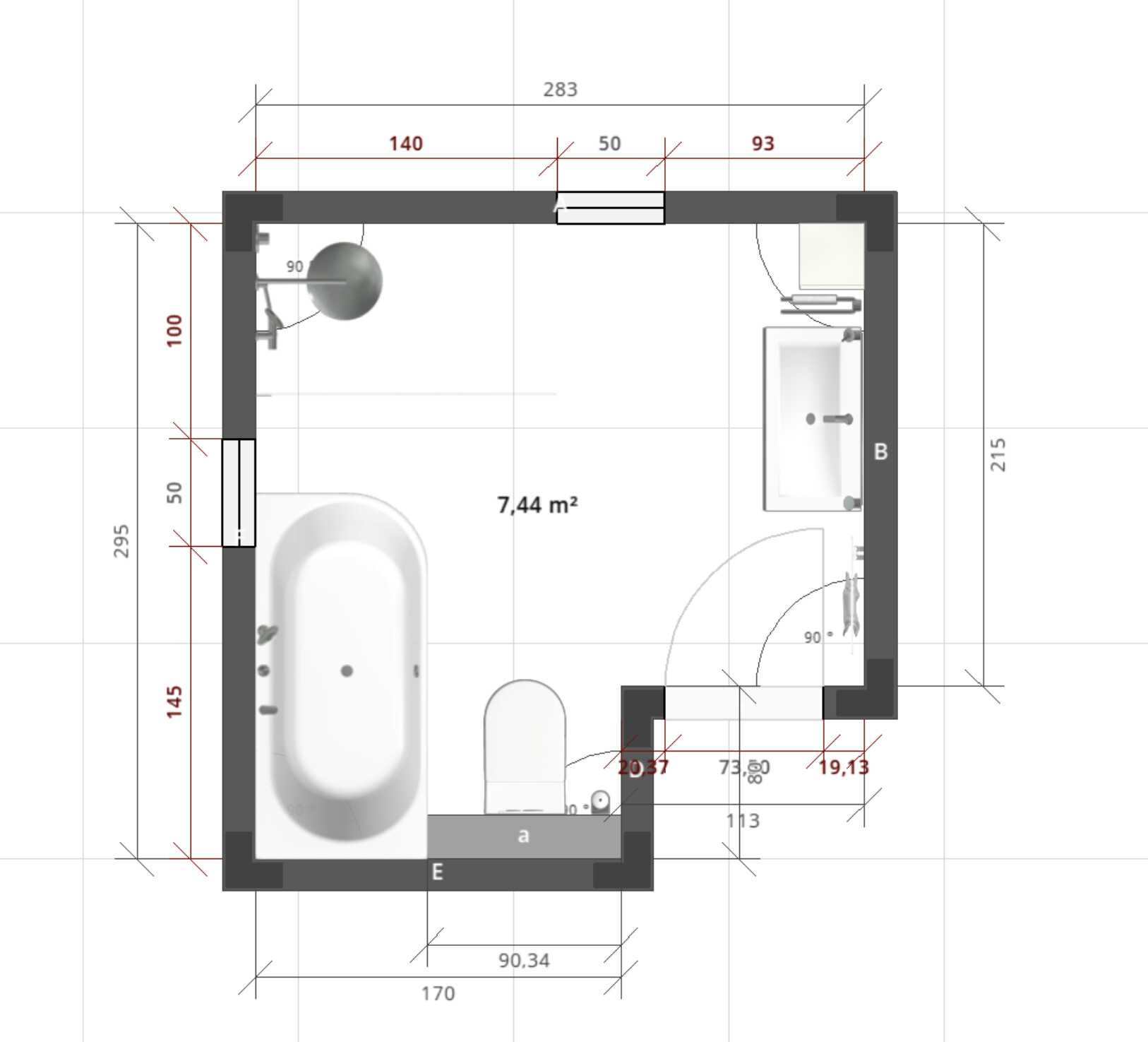 Grundriss: Badezimmer mit Badewanne links, Toilette, Waschbecken rechts, Türöffnung.