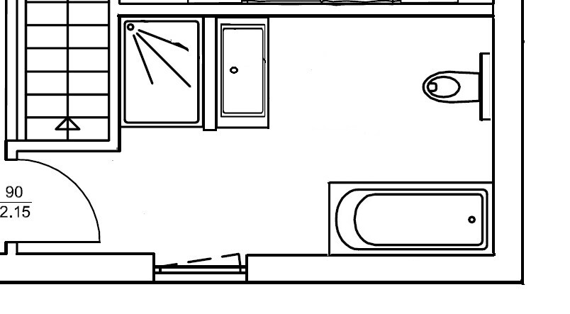 Badezimmer-Grundriss: Dusche links, Waschbecken mittig, WC rechts, Badewanne unten rechts.